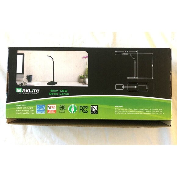 White MaxLite Slim LED Desk Lamp With USB Port Adjustable Neck 4W 120V 225 Lumen - Picture 5 of 6